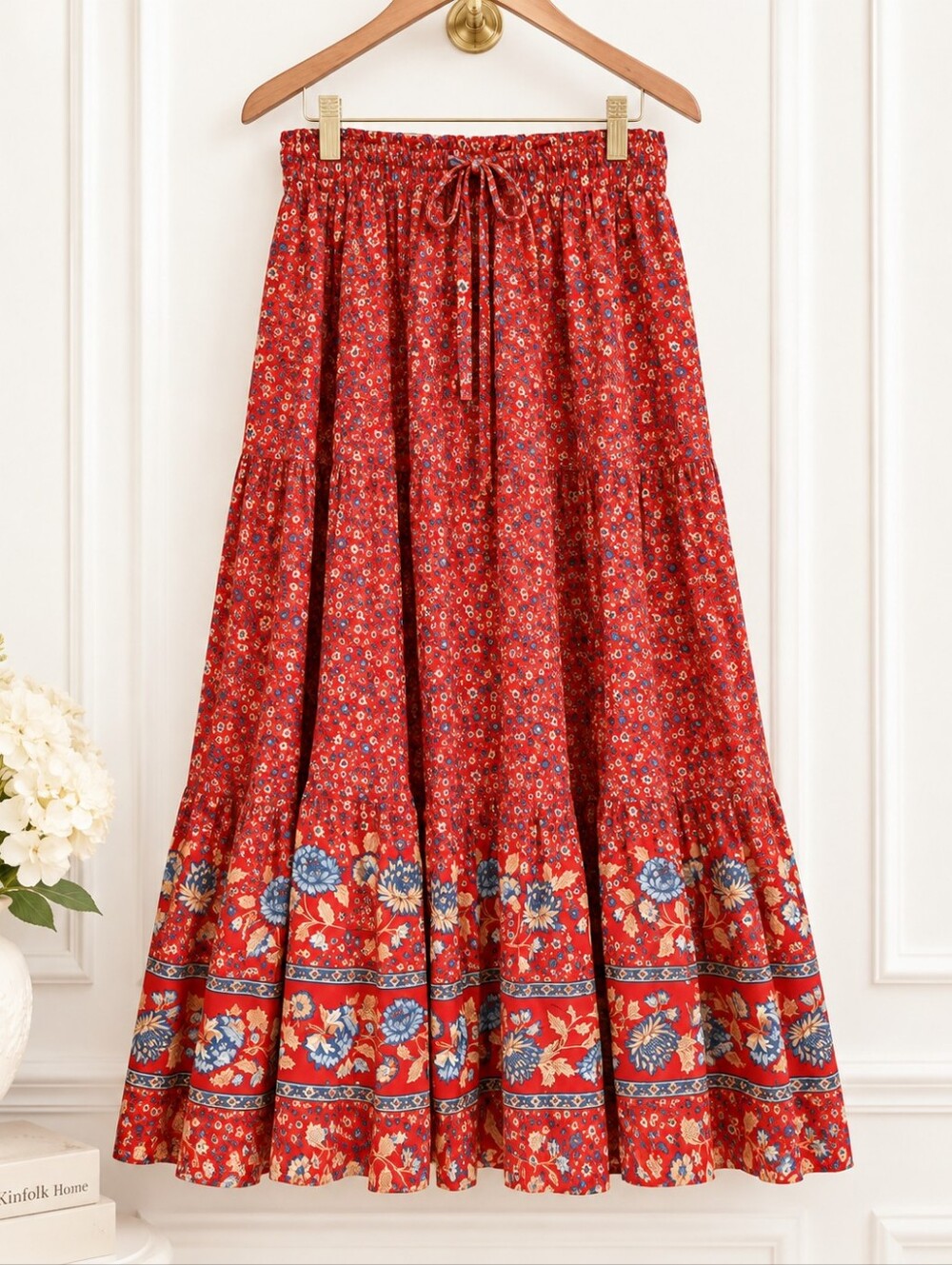 ZESICA NWT Red Floral Border Print Tiered Boho Maxi Skirt | Size XL - Picture 5 of 9
